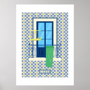 Portuguese tiles and window balcony with bird poster