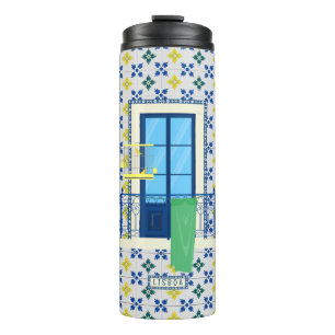 Portuguese tiles and window balcony with bird thermal tumbler