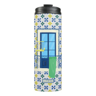 Portuguese tiles and window balcony with bird thermal tumbler