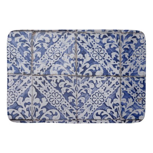 Portuguese Tiles _ Azulejo Blue and White Floral Bath Mat