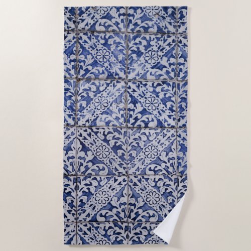 Portuguese Tiles _ Azulejo Blue and White Floral Beach Towel