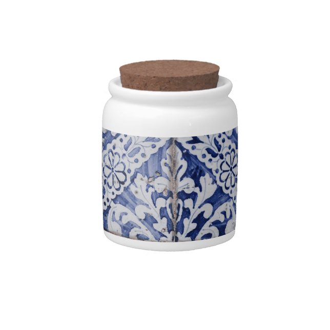 Portuguese Tiles - Azulejo Blue and White Floral Candy Jar (Front)