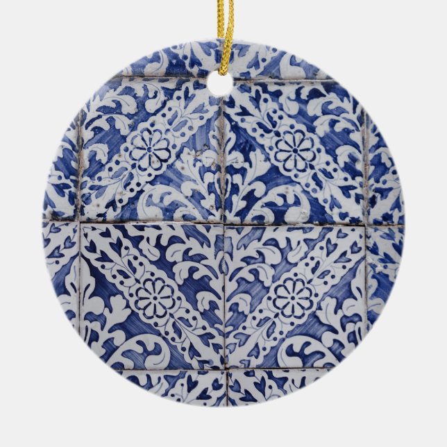 Portuguese Tiles - Azulejo Blue and White Floral Ceramic Ornament (Front)
