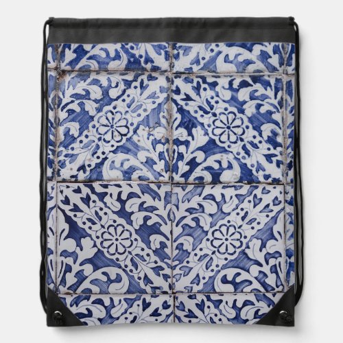 Portuguese Tiles _ Azulejo Blue and White Floral Drawstring Bag