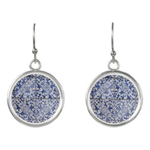 Portuguese Tiles - Azulejo Blue and White Floral Earrings