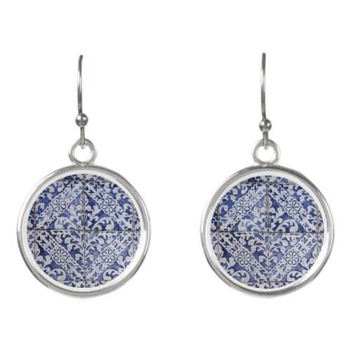 Portuguese Tiles _ Azulejo Blue and White Floral Earrings