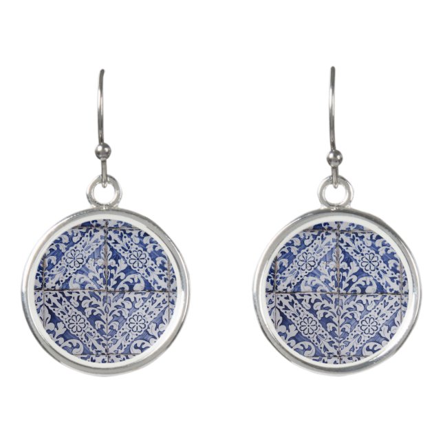 Portuguese Tiles - Azulejo Blue and White Floral Earrings (Front)
