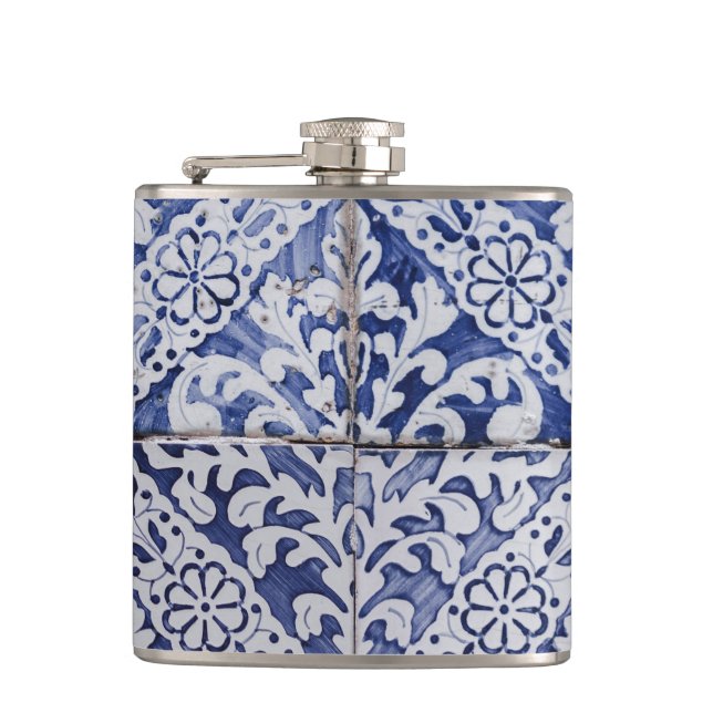 Portuguese Tiles - Azulejo Blue and White Floral Flask (Front)