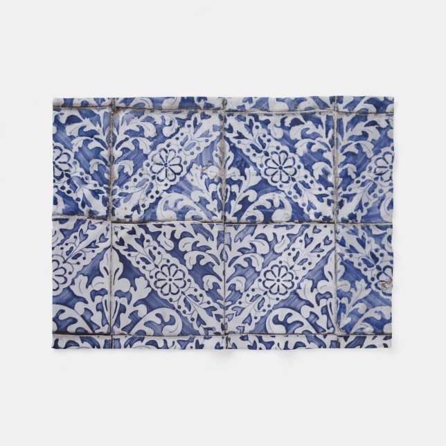 Portuguese Tiles - Azulejo Blue and White Floral Fleece Blanket (Front (Horizontal))