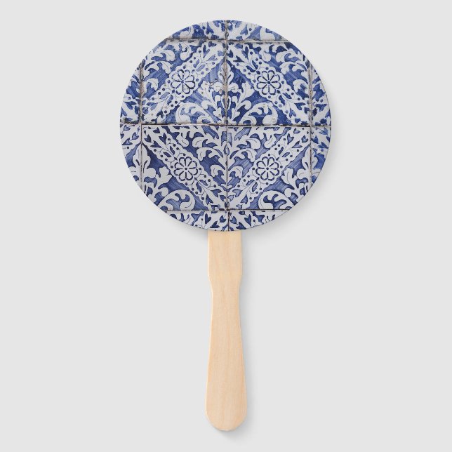 Portuguese Tiles - Azulejo Blue and White Floral Hand Fan (Back)