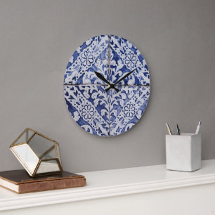Portuguese Tiles - Azulejo Blue and White Floral Large Clock