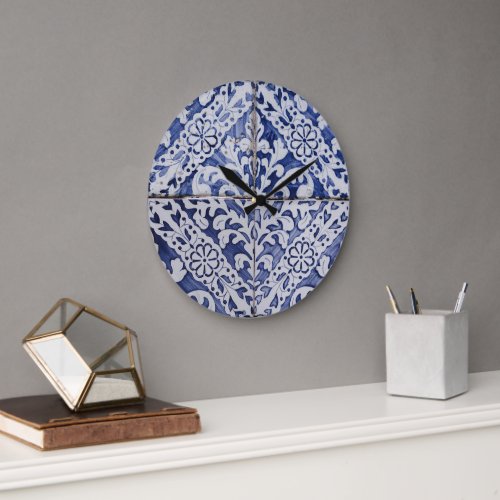 Portuguese Tiles _ Azulejo Blue and White Floral Large Clock