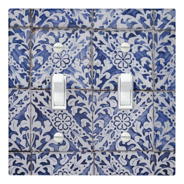 Portuguese Tiles - Azulejo Blue and White Floral Light Switch Cover (In Situ)
