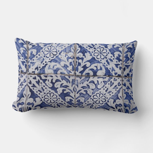 Portuguese Tiles - Azulejo Blue and White Floral Lumbar Pillow (Front)