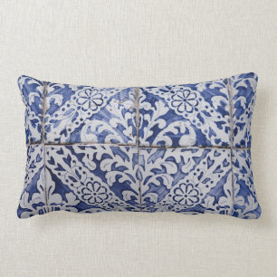 Portuguese Tiles - Azulejo Blue and White Floral Lumbar Pillow