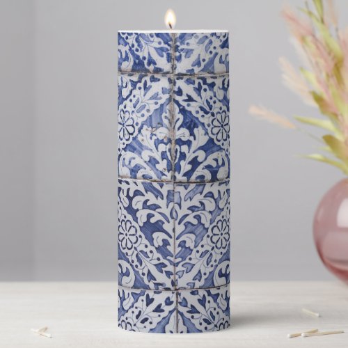 Portuguese Tiles _ Azulejo Blue and White Floral Pillar Candle