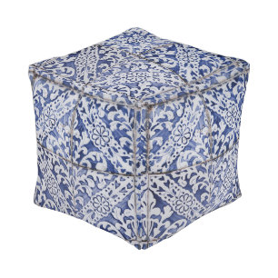 Portuguese Tiles - Azulejo Blue and White Floral Pouf
