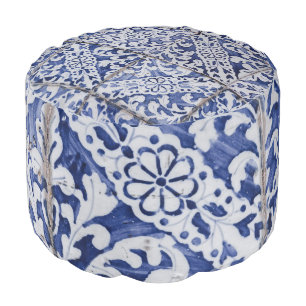 Portuguese Tiles - Azulejo Blue and White Floral Pouf