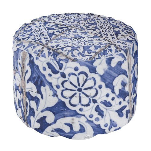 Portuguese Tiles _ Azulejo Blue and White Floral Pouf