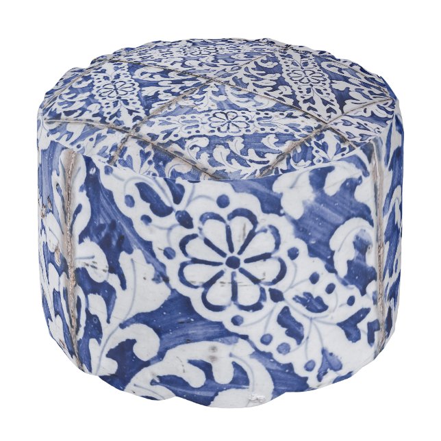 Portuguese Tiles - Azulejo Blue and White Floral Pouf (Angled Front)