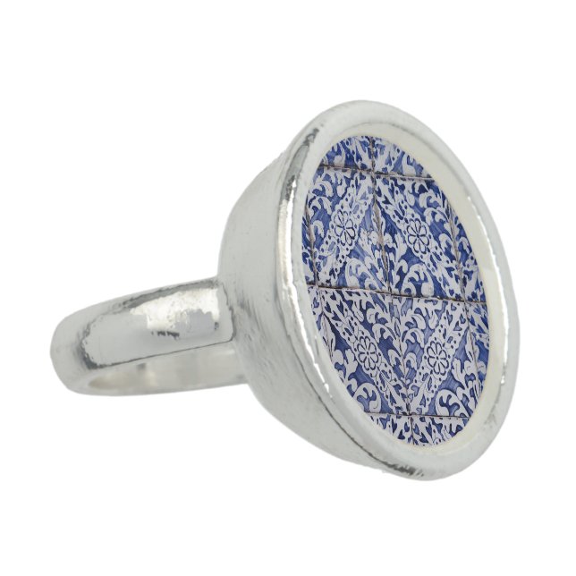 Portuguese Tiles - Azulejo Blue and White Floral Ring (Side)