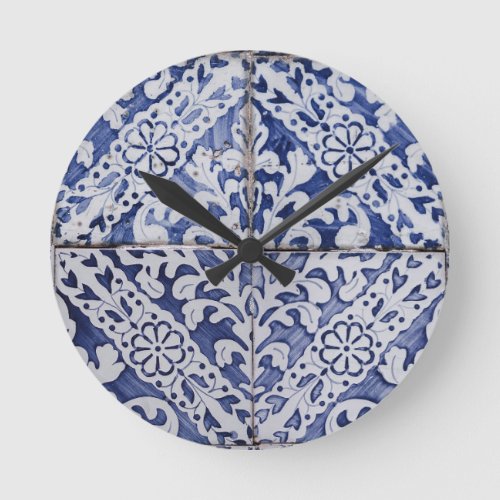 Portuguese Tiles _ Azulejo Blue and White Floral Round Clock