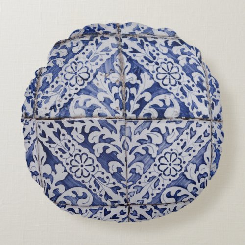 Portuguese Tiles _ Azulejo Blue and White Floral Round Pillow