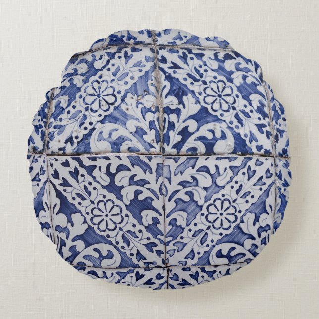 Portuguese Tiles - Azulejo Blue and White Floral Round Pillow (Front)