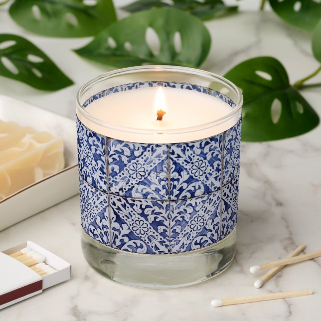 Portuguese Tiles - Azulejo Blue and White Floral Scented Candle (Lit)