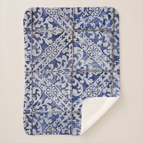 Portuguese Tiles _ Azulejo Blue and White Floral Sherpa Blanket