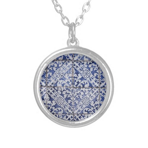 Portuguese Tiles _ Azulejo Blue and White Floral Silver Plated Necklace