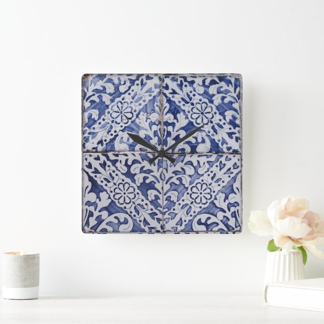 Portuguese Tiles - Azulejo Blue and White Floral Square Wall Clock (Home)