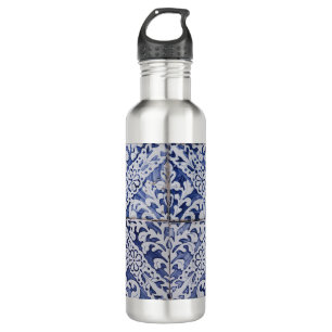 Portuguese Tiles - Azulejo Blue and White Floral Stainless Steel Water Bottle
