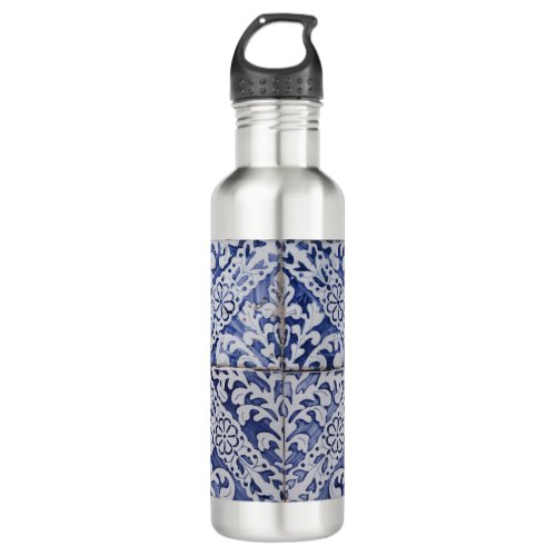 Portuguese Tiles _ Azulejo Blue and White Floral Stainless Steel Water Bottle