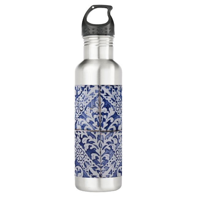 Portuguese Tiles - Azulejo Blue and White Floral Stainless Steel Water Bottle (Front)