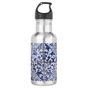 Portuguese Tiles - Azulejo Blue and White Floral Stainless Steel Water Bottle