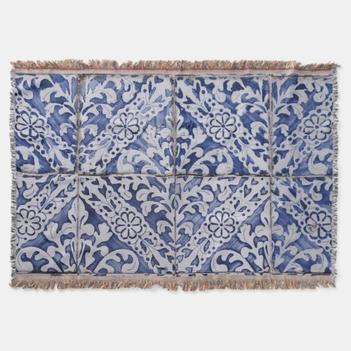 Portuguese Tiles _ Azulejo Blue and White Floral Throw Blanket