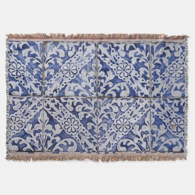 Portuguese Tiles - Azulejo Blue and White Floral Throw Blanket (Front)