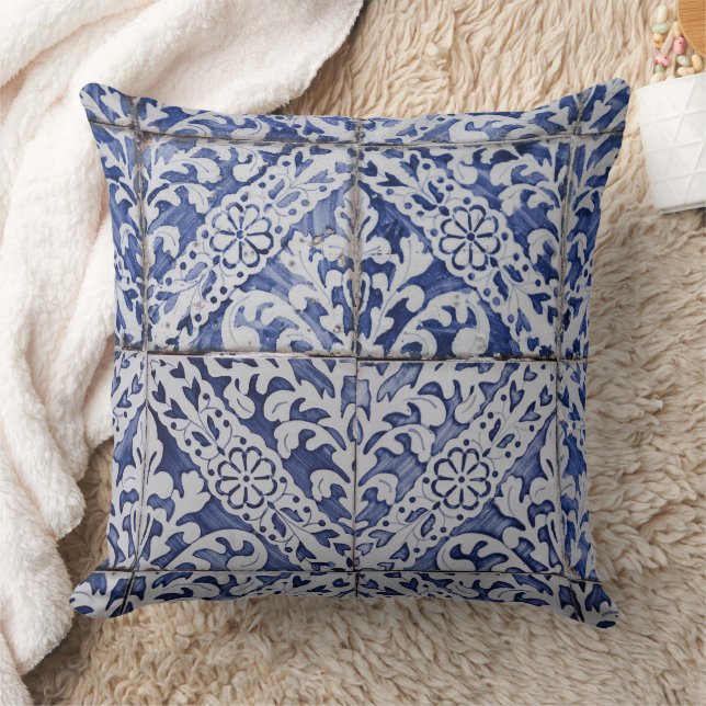 Portuguese Tiles - Azulejo Blue and White Floral Throw Pillow (Blanket)