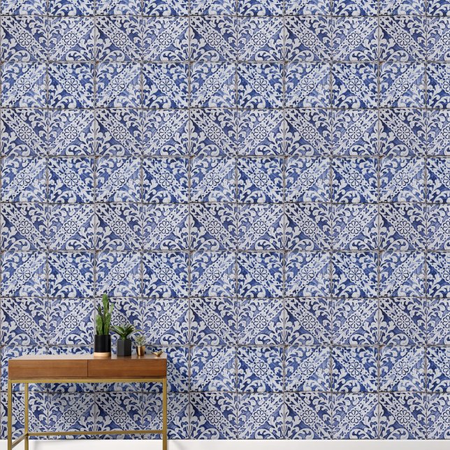 Portuguese Tiles - Azulejo Blue and White Floral Wallpaper (Hallway)