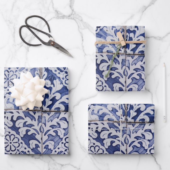 Portuguese Tiles - Azulejo Blue and White Floral Wrapping Paper Sheets (Front)