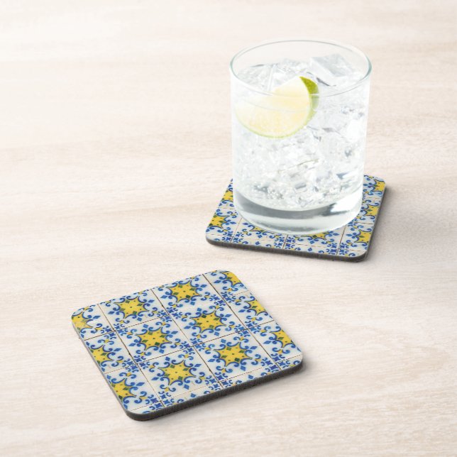 Portuguese Tiles - Azulejo Blue and Yellow Pattern Beverage Coaster (Right Side)