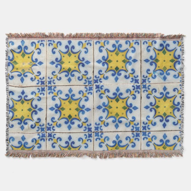 Portuguese Tiles - Azulejo Blue and Yellow Pattern Throw Blanket (Front)