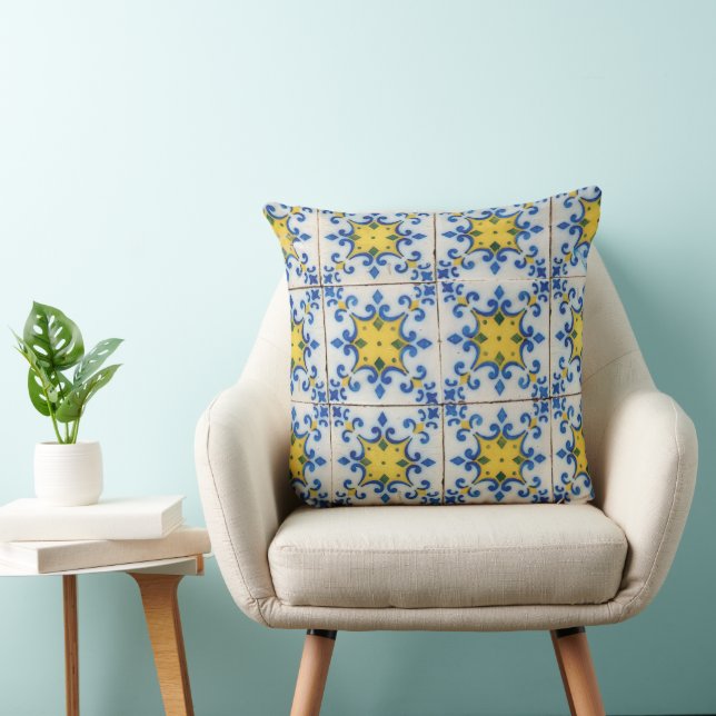 Portuguese Tiles - Azulejo Blue and Yellow Pattern Throw Pillow (Chair)