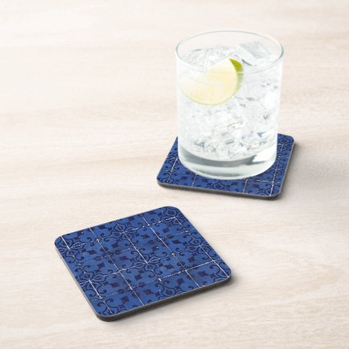 Portuguese Tiles _ Azulejo Blue Floral Leaf Design Beverage Coaster
