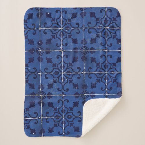 Portuguese Tiles _ Azulejo Blue Floral Leaf Design Sherpa Blanket