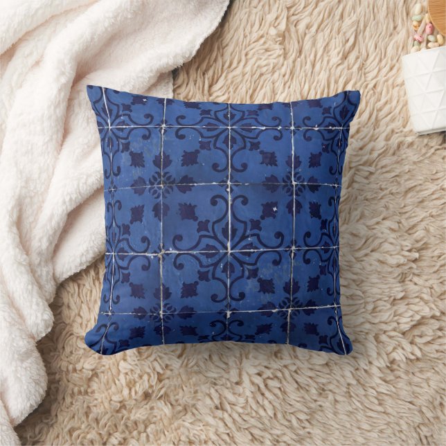 Portuguese Tiles - Azulejo Blue Floral Leaf Design Throw Pillow (Blanket)