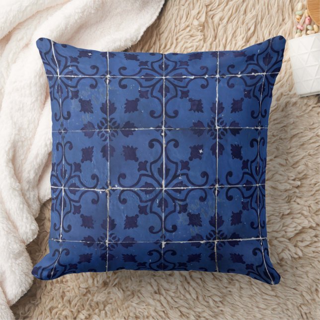 Portuguese Tiles - Azulejo Blue Floral Leaf Design Throw Pillow (Blanket)