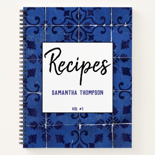 Portuguese Tiles Azulejo Blue Floral Leaf Recipes Notebook