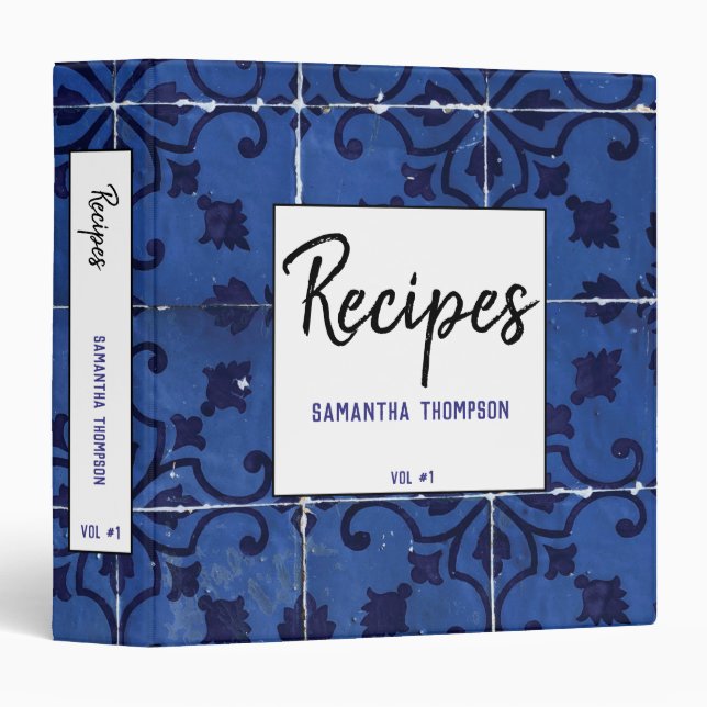 Portuguese Tiles - Azulejo Blue Floral Recipes 3 Ring Binder (Front/Spine)